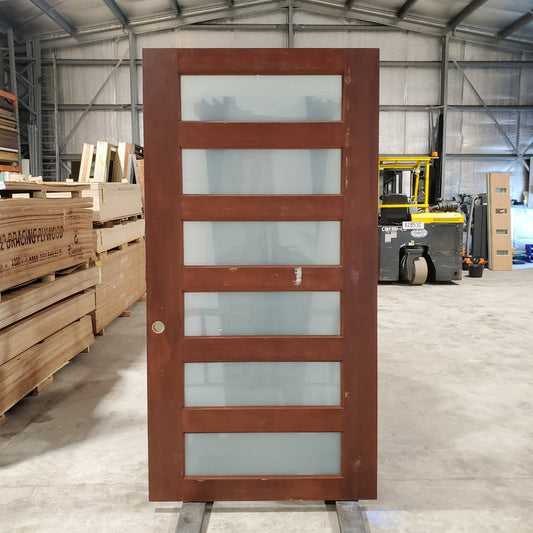 Timber Entry Door - 2340h x 1200w Solid Core w/ 6 x Obscure (frosted) Glass *Second Hand* 30142