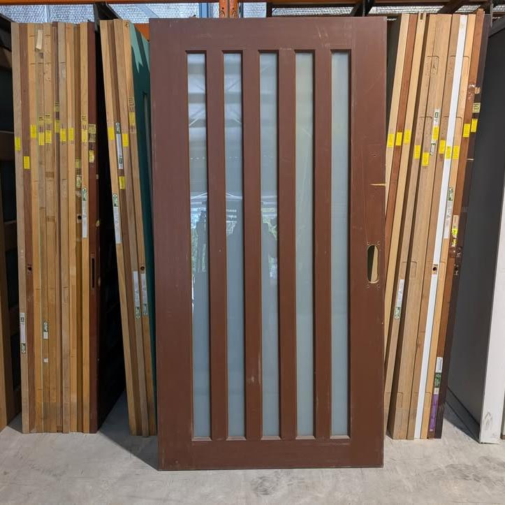 Timber Entry Door - 2340h x 1200w Solid Core w/ 5 x Obscure (Frosted) Glass *Second Hand* 30330