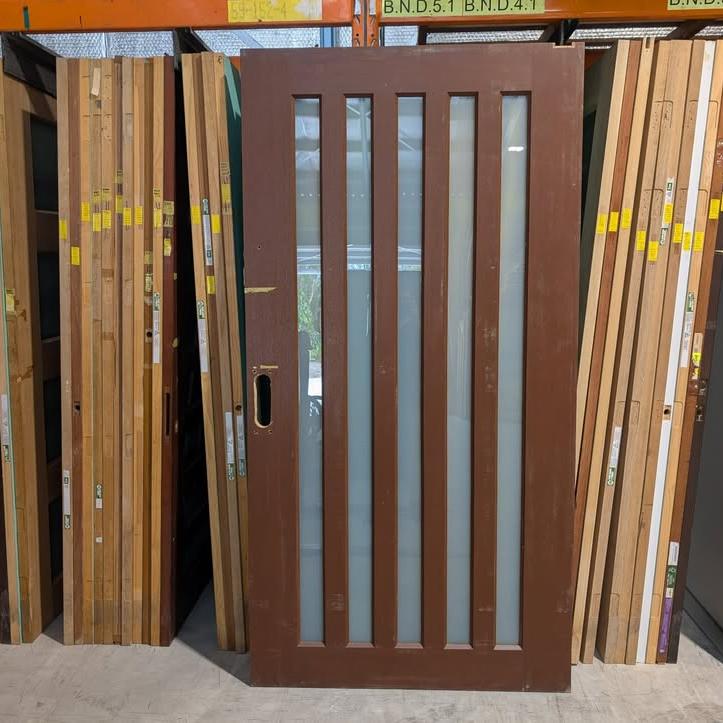 Timber Entry Door - 2340h x 1200w Solid Core w/ 5 x Obscure (Frosted) Glass *Second Hand* 30330