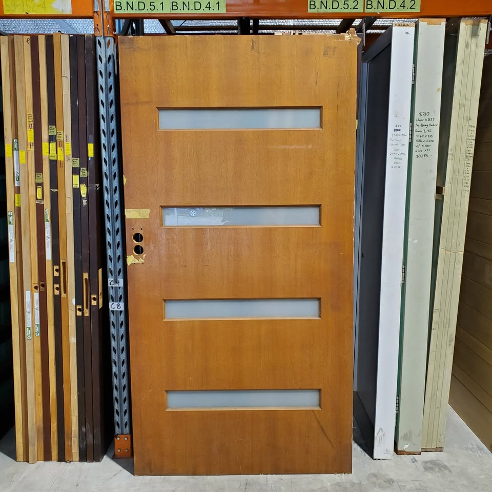 Timber Entry Door -2317h x 1190w Solid Core w/ 4 x Obscure (Frosted) Glass *Second Hand* 30341