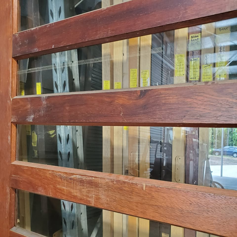 Timber Entry Door - 2340h x 1200w Solid Core Merbau Veneer w/ 8 x Clear Glass *Second Hand* 30342