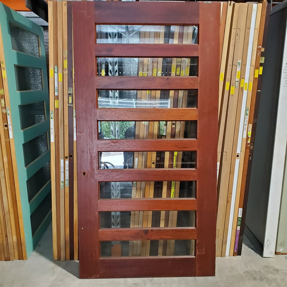 Timber Entry Door - 2340h x 1200w Solid Core Merbau Veneer w/ 8 x Clear Glass *Second Hand* 30342