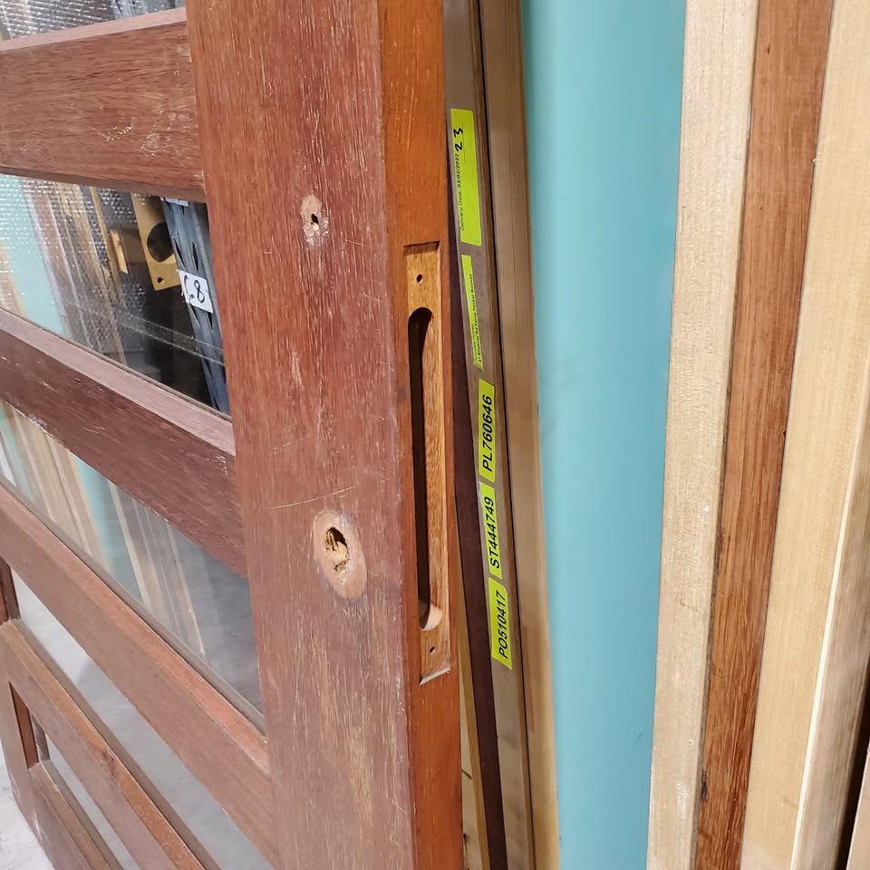 Timber Entry Door - 2340h x 1200w Solid Core Merbau Veneer w/ 8 x Clear Glass *Second Hand* 30342
