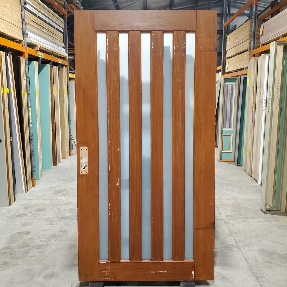 Timber Entry Door - 2340h x 1200w Solid Core w/ 5 x Obscure (Frosted) Glass *Second Hand* 30380