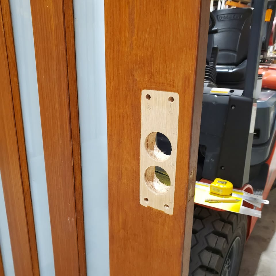 Timber Entry Door - 2340h x 1200w Solid Core w/ 5 x Obscure (Frosted) Glass *Second Hand* 30380