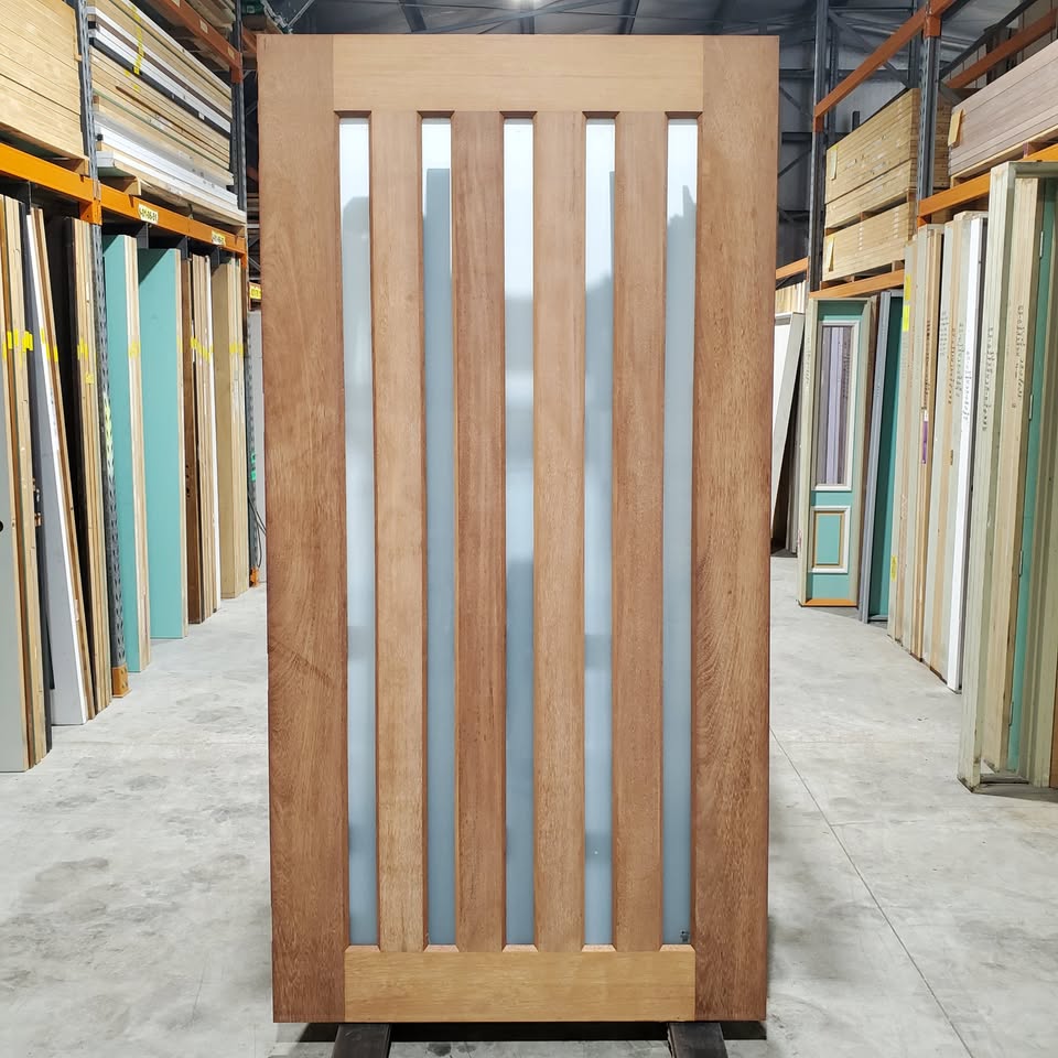 Timber Entry Door - 2340h x 1200w Solid Core w/ 5 x Obscure (Frosted) Glass *Merbau Veneer* 30381