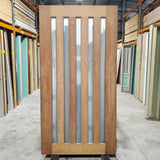 Timber Entry Door - 2340h x 1200w Solid Core w/ 5 x Obscure (Frosted) Glass *Merbau Veneer* 30381