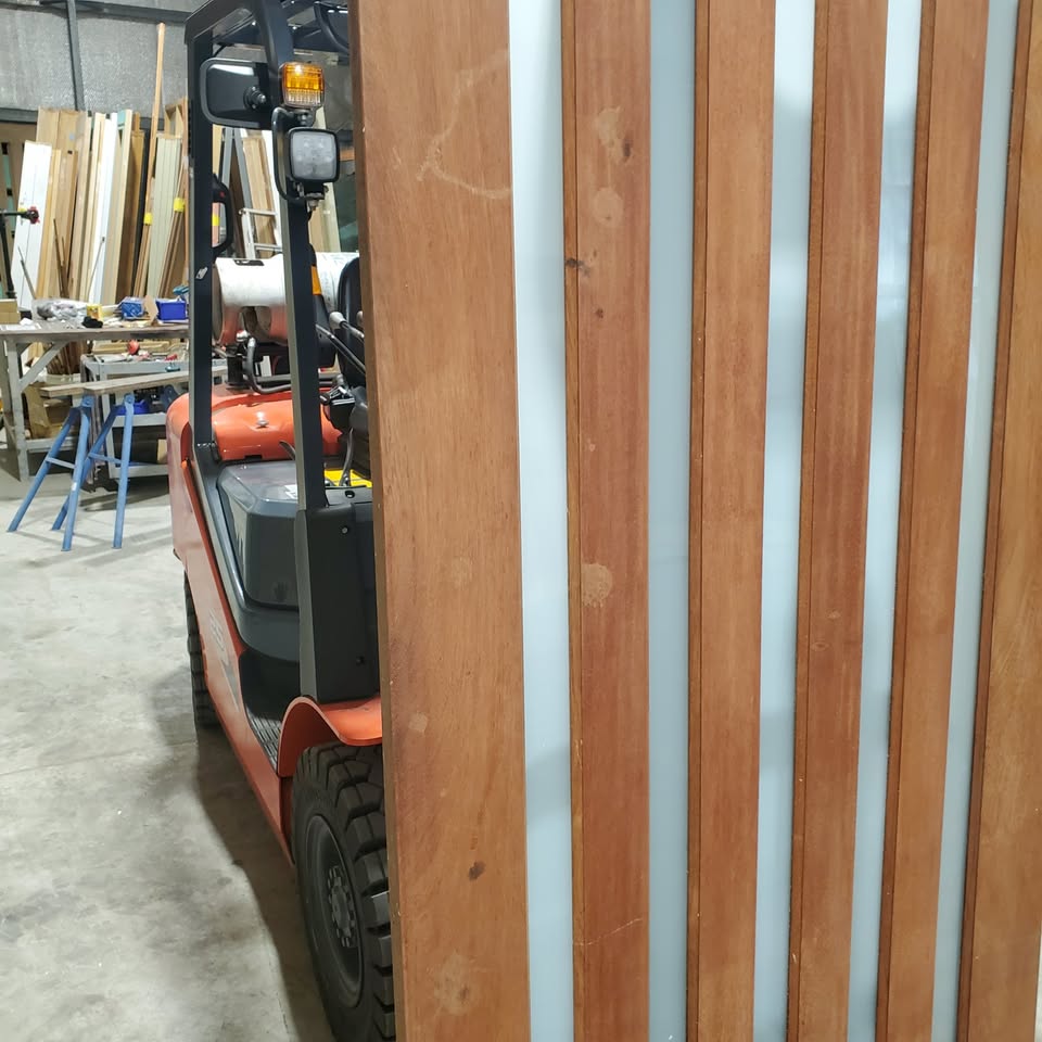 Timber Entry Door - 2340h x 1200w Solid Core w/ 5 x Obscure (Frosted) Glass *Merbau Veneer* 30381