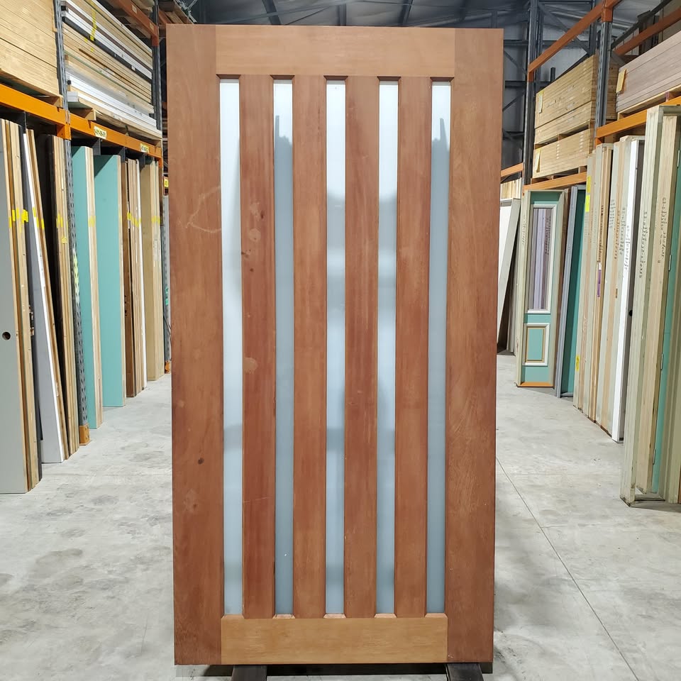 Timber Entry Door - 2340h x 1200w Solid Core w/ 5 x Obscure (Frosted) Glass *Merbau Veneer* 30381