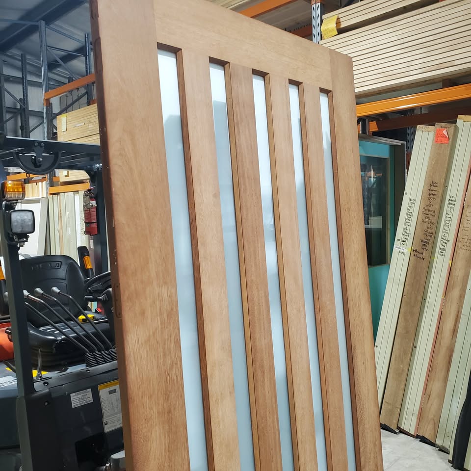 Timber Entry Door - 2340h x 1200w Solid Core w/ 5 x Obscure (Frosted) Glass *Merbau Veneer* 30381