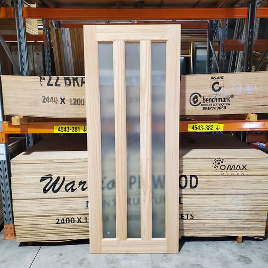 Timber Entry Door - 2037h x 820w Solid Core w/ 3 x Obscure (Frosted) Glass *New Imported* 40014