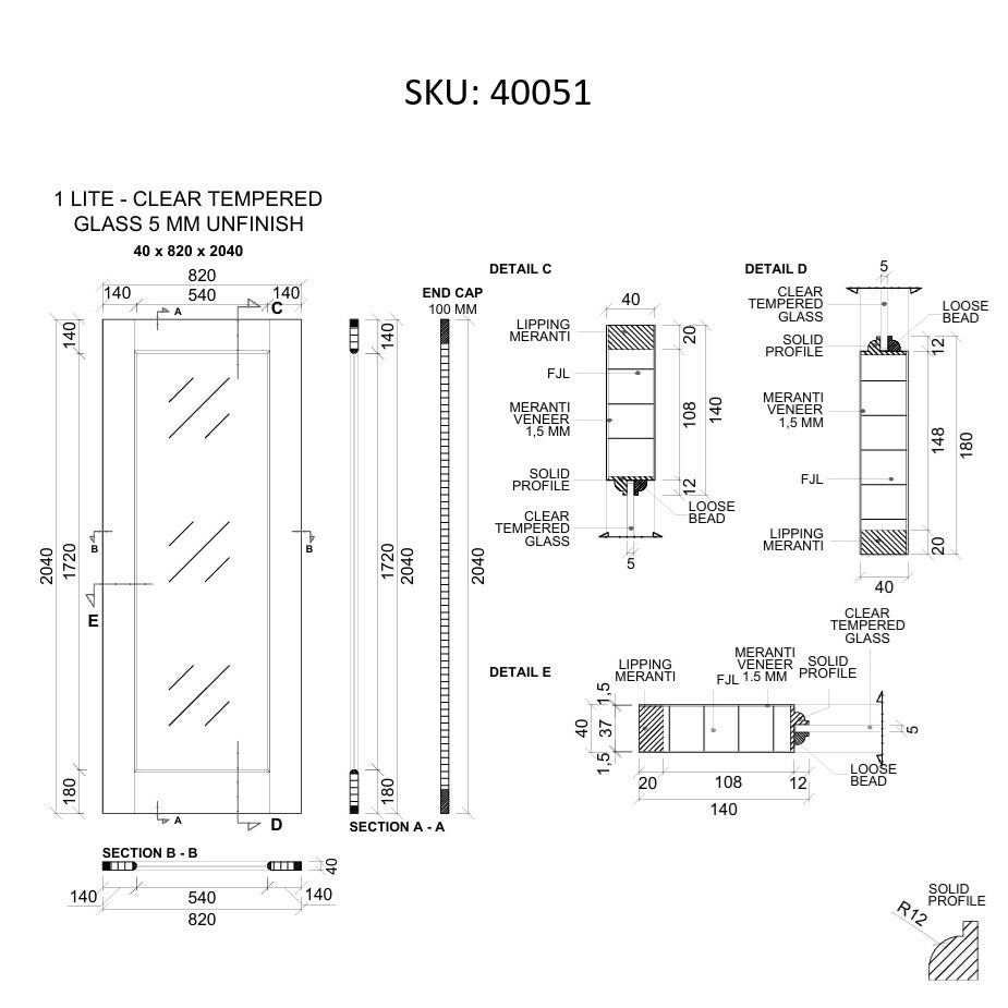 Timber Entry Door - 2040h x 820w Solid Core w/ 1 x Full Panel Clear Glass *New* 40051