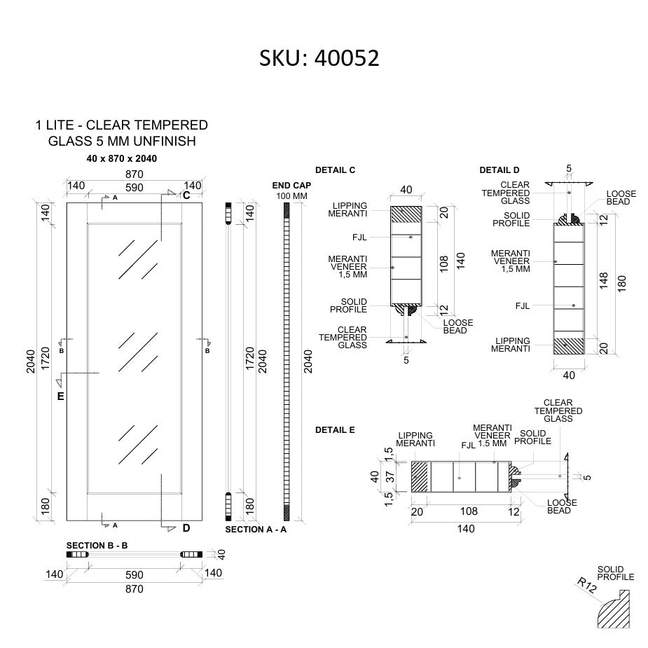 Timber Entry Door - 2040h x 870w Solid Core w/ 1 x Full Panel Clear Glass *New* 40052