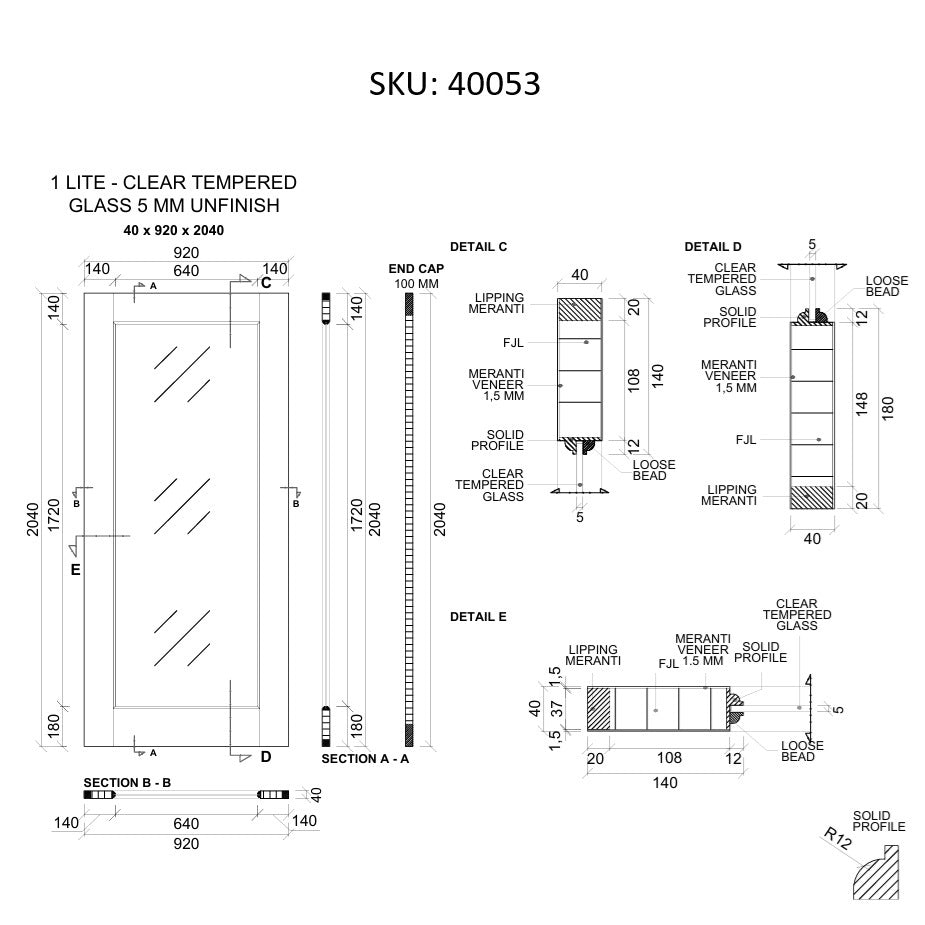 Timber Entry Door - 2040h x 920w Solid Core w/ 1 x Full Panel Clear Glass *New* 40053