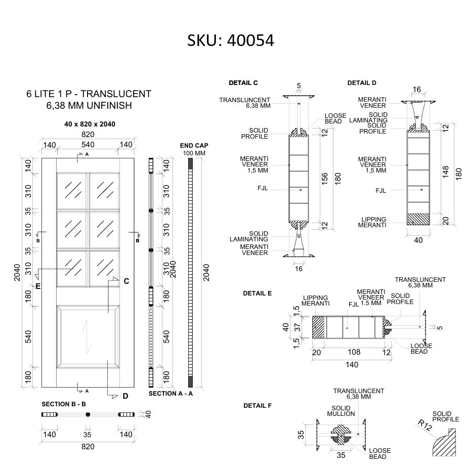 Timber Entry Door - 2040h x 820w Solid Core w/ 6 x Obscure (Frosted) Glass + Infill Panel *New* 40054