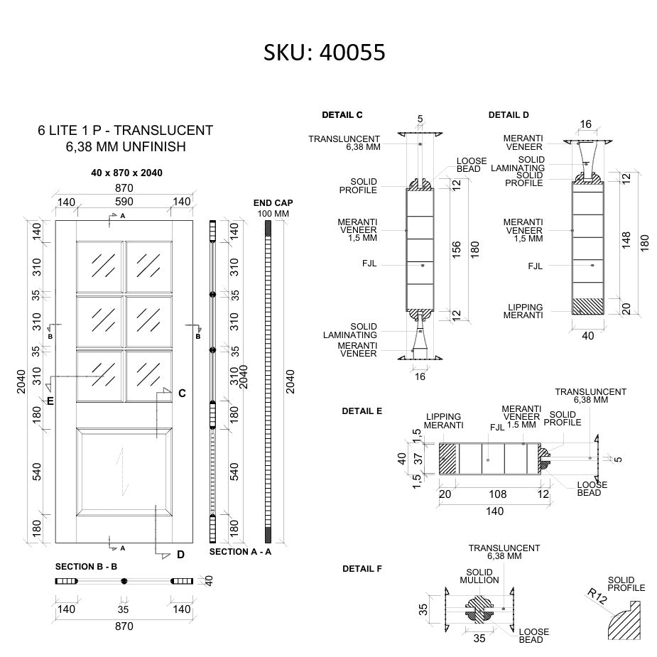 Timber Entry Door - 2040h x 870w Solid Core w/ 6 x Obscure (Frosted) Glass + Infill Panel *New* 40055