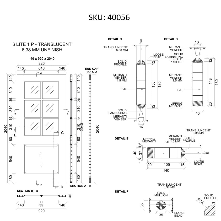 Timber Entry Door - 2040h x 920w Solid Core w/ 6 x Obscure (Frosted) Glass + Infill Panel *New* 40056