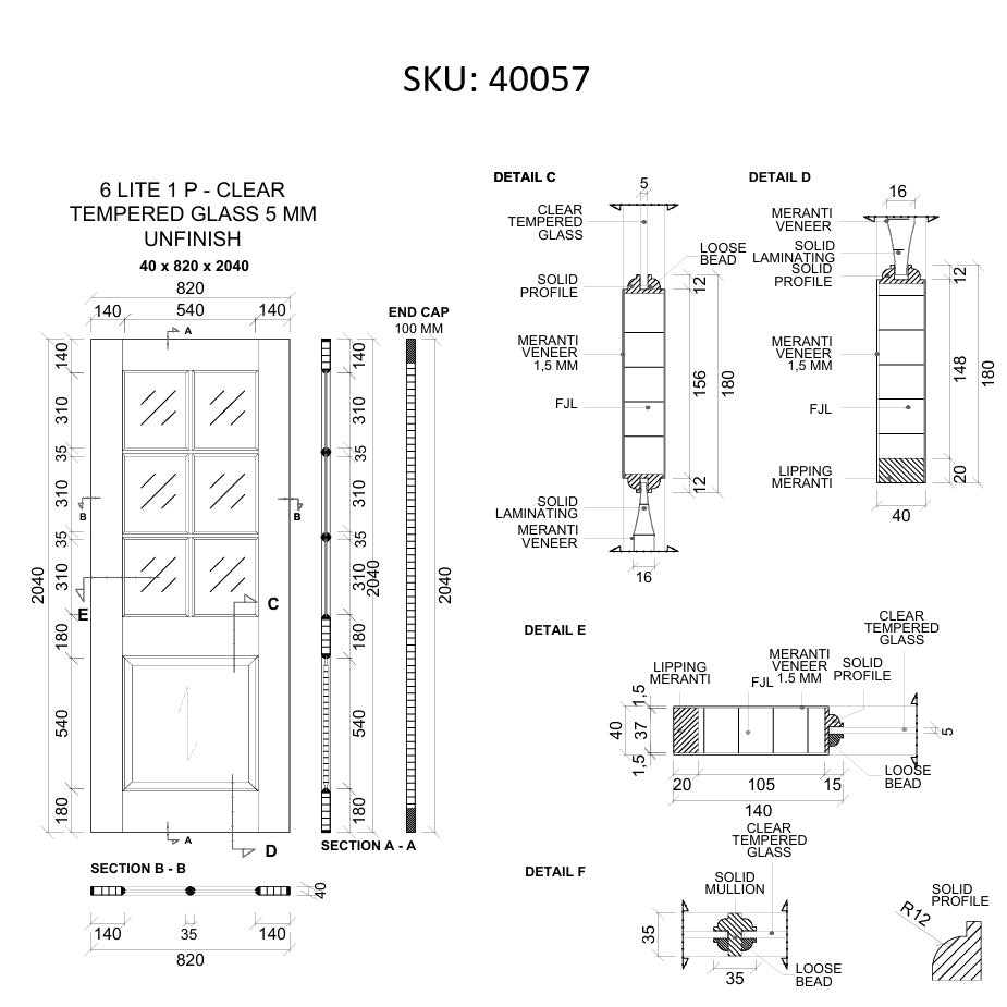 Timber Entry Door - 2040h x 820w Solid Core w/ 6 x Clear Glass + Infill Panel *New* 40057