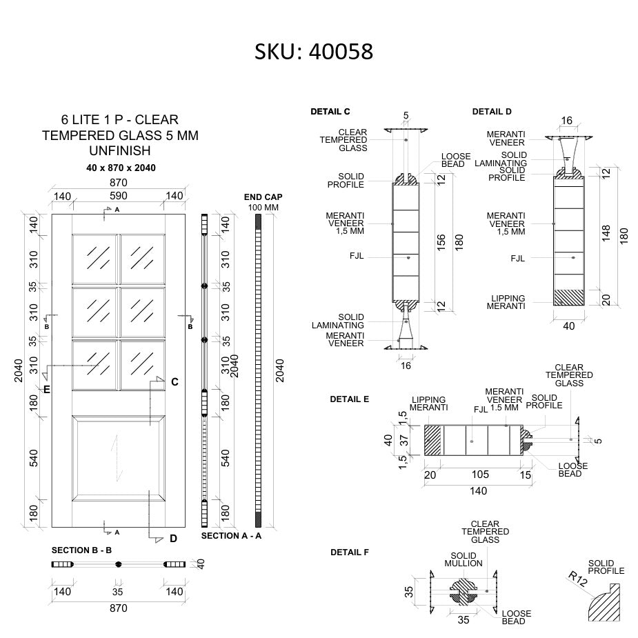 Timber Entry Door - 2040h x 870w Solid Core w/ 6 x Clear Glass + Infill Panel *New* 40058