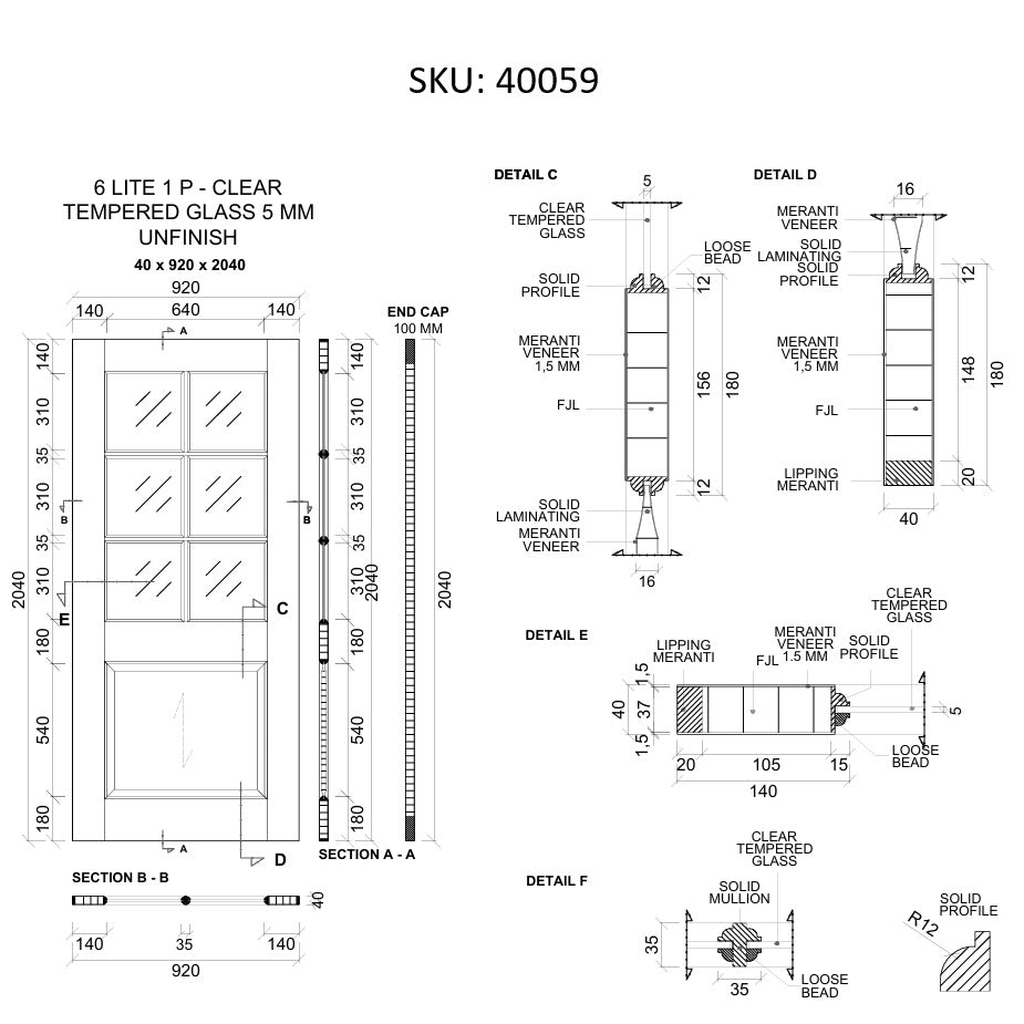 Timber Entry Door - 2040h x 920w Solid Core w/ 6 x Clear Glass + Infill Panel *New* 40059