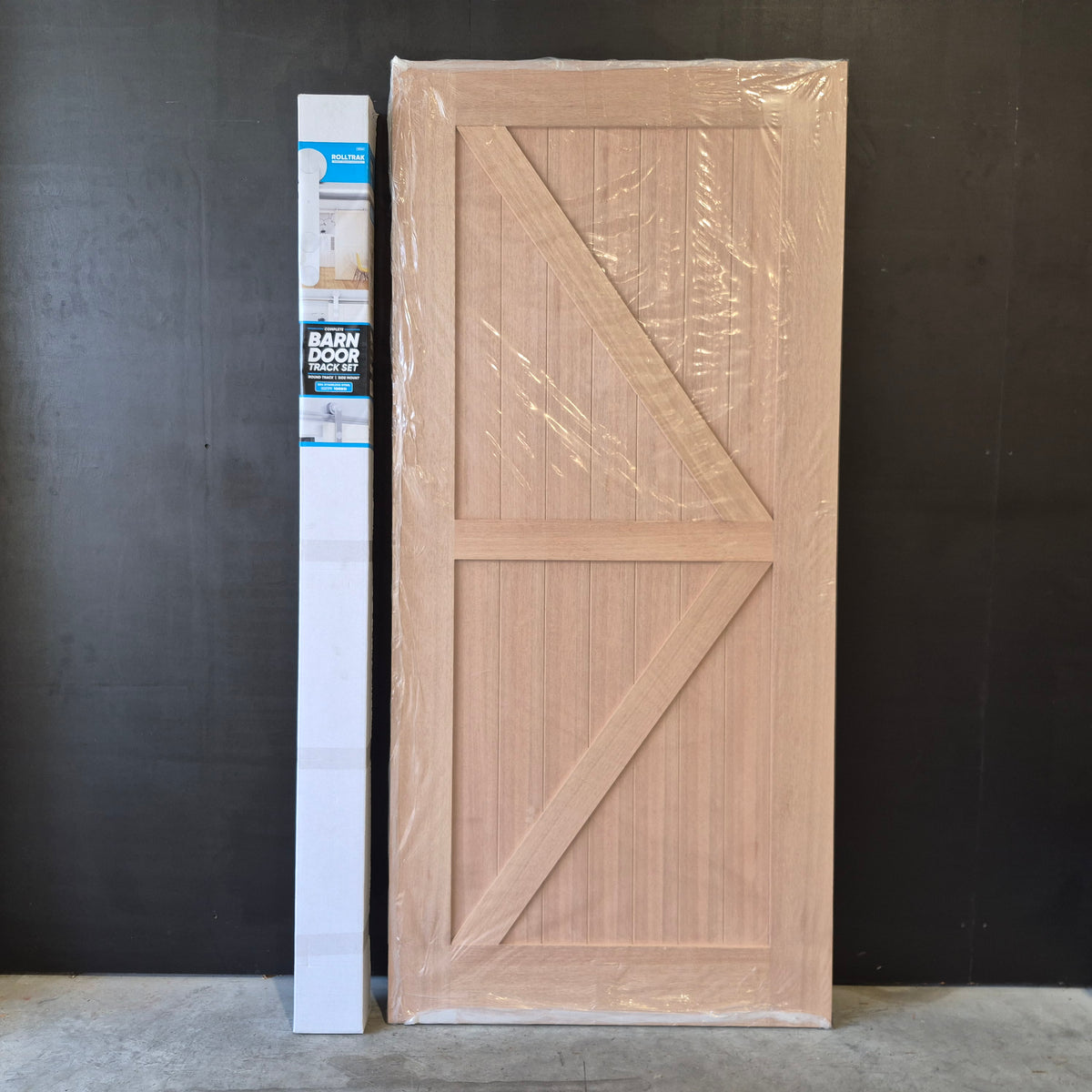 Barn Door - 2150h x 1000w Solid Core w/ 2 x Diagonal Brace, Meranti Veneer + Track *New* 40063