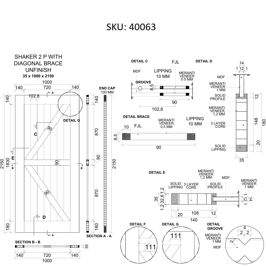 Barn Door - 2150h x 1000w Solid Core w/ 2 x Diagonal Brace, Meranti Veneer + Track *New* 40063
