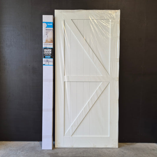Barn Door - 2150h x 1000w Solid Core w/ 2 x Diagonal Brace, Pre-Primed MDF Finish + Track *New* 40064