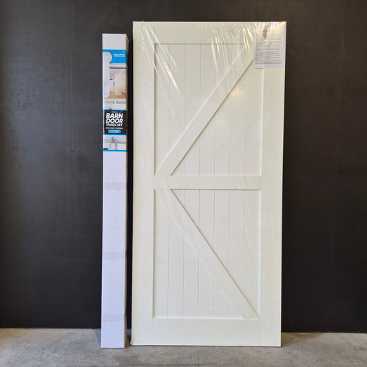 Barn Door - 2150h x 1000w Solid Core w/ 2 x Diagonal Brace, Pre-Primed MDF Finish + Track *New* 40064