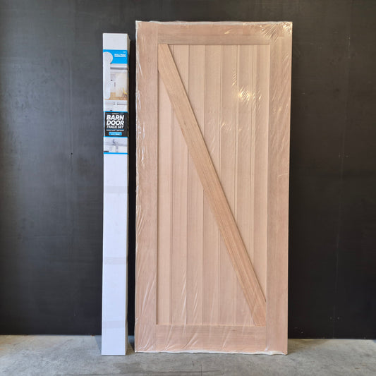 Barn Door - 2150h x 1000w Solid Core w/ 1 x Diagonal Brace, Meranti Veneer + Track *New* 40065