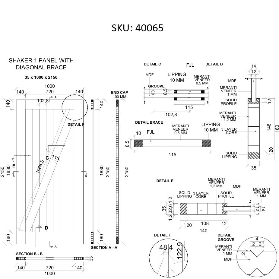 Barn Door - 2150h x 1000w Solid Core w/ 1 x Diagonal Brace, Meranti Veneer + Track *New* 40065
