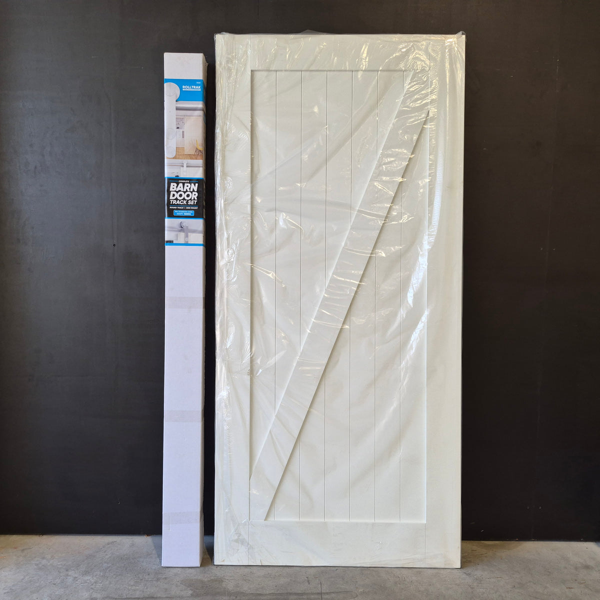 Barn Door - 2150h x 1000w Solid Core w/ 1 x Diagonal Brace, Pre-Primed MDF Finish + Track *New* 40066