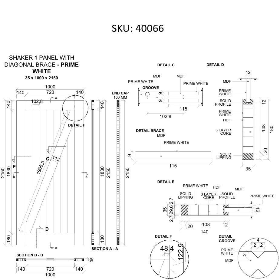 Barn Door - 2150h x 1000w Solid Core w/ 1 x Diagonal Brace, Pre-Primed MDF Finish + Track *New* 40066