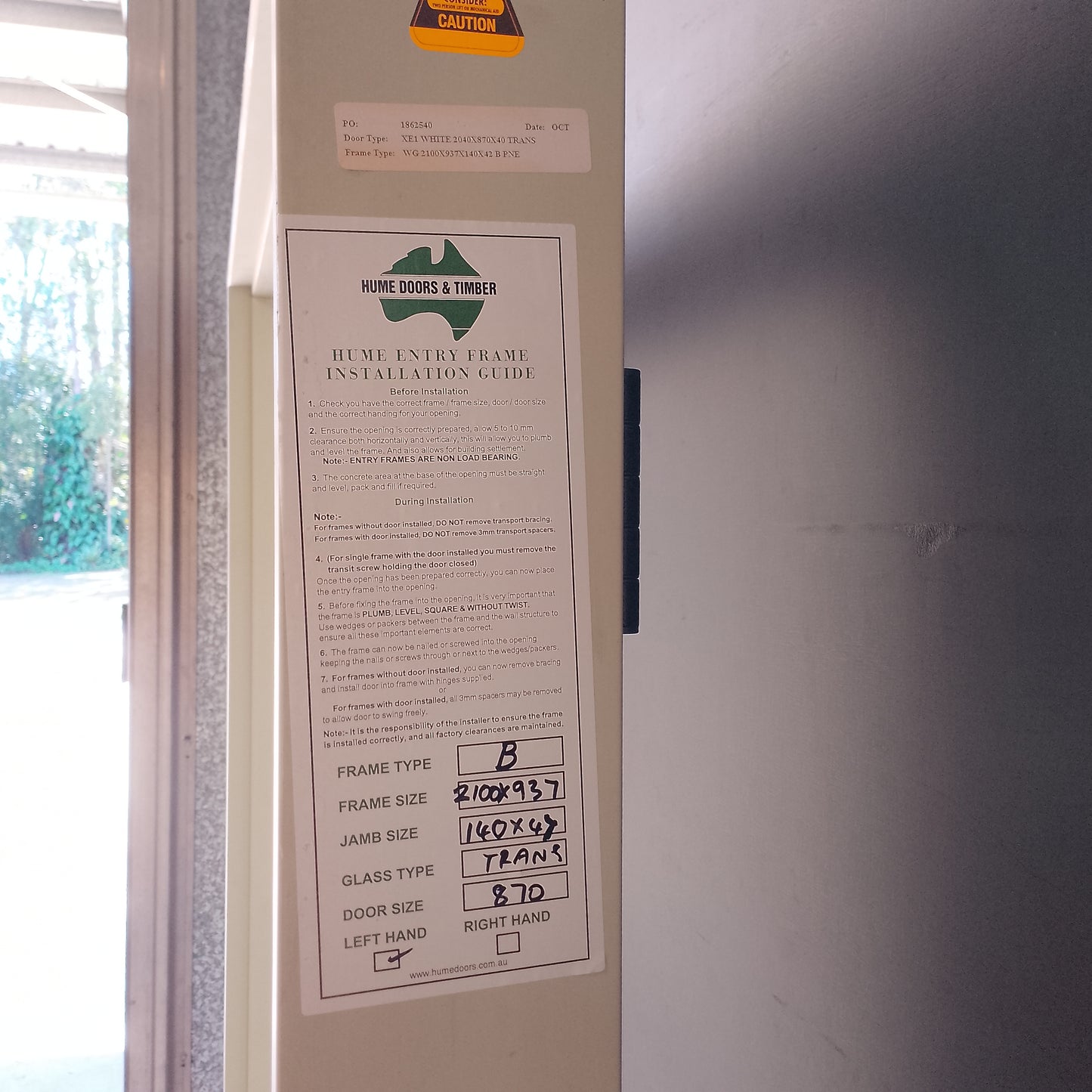 Aluminium Entry Door - Pre-Hung in a 2095h x 937w Frame w/ 1 x Obscure Glass *Factory 2nd* 30600